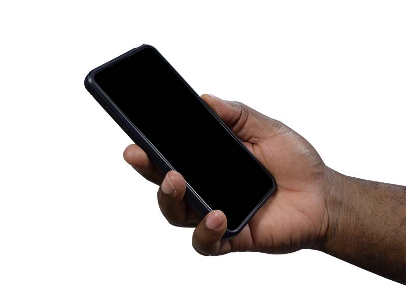 Black hands holding mobile phone at angle