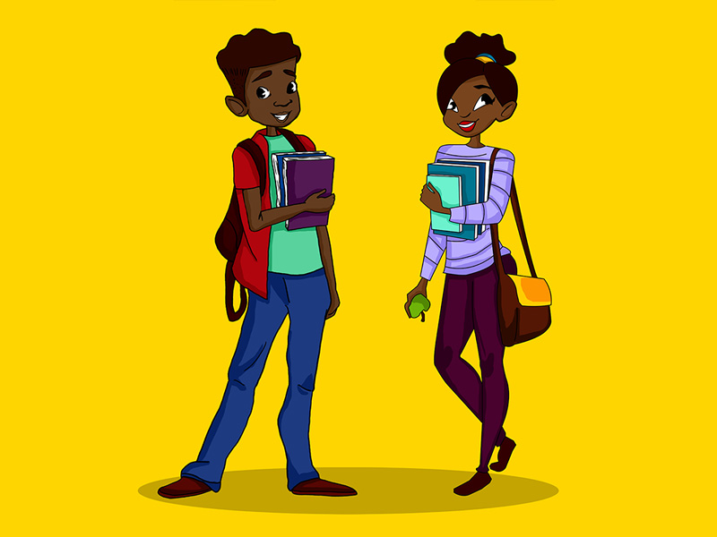 Cartoon Black school or university boy and girl students
