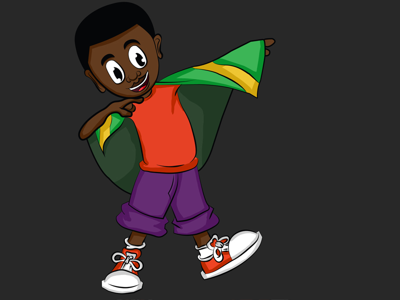 Cartoon Black boy with Jamaican flag on shoulder