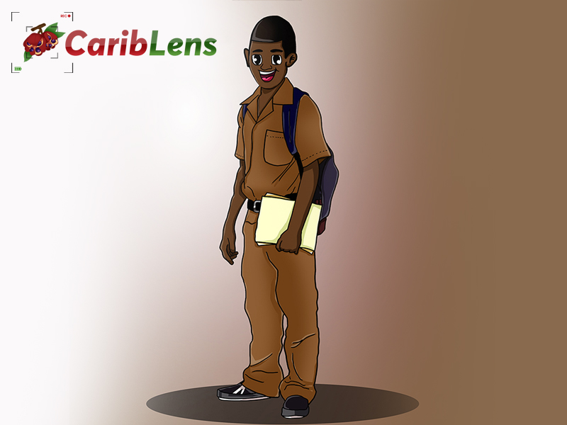 Cartoon Black Jamaican School boy in uniform standing up with paper in his hands