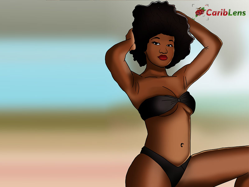 Sexy cartoon Black Afro girl in black bikini