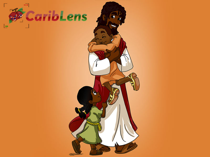 Black cartoon African American Jesus with children walking beside him