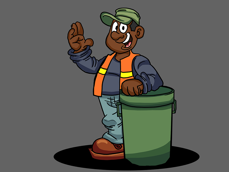 Black cartoon Garbage man African American waving his hands while standing up next to a bin