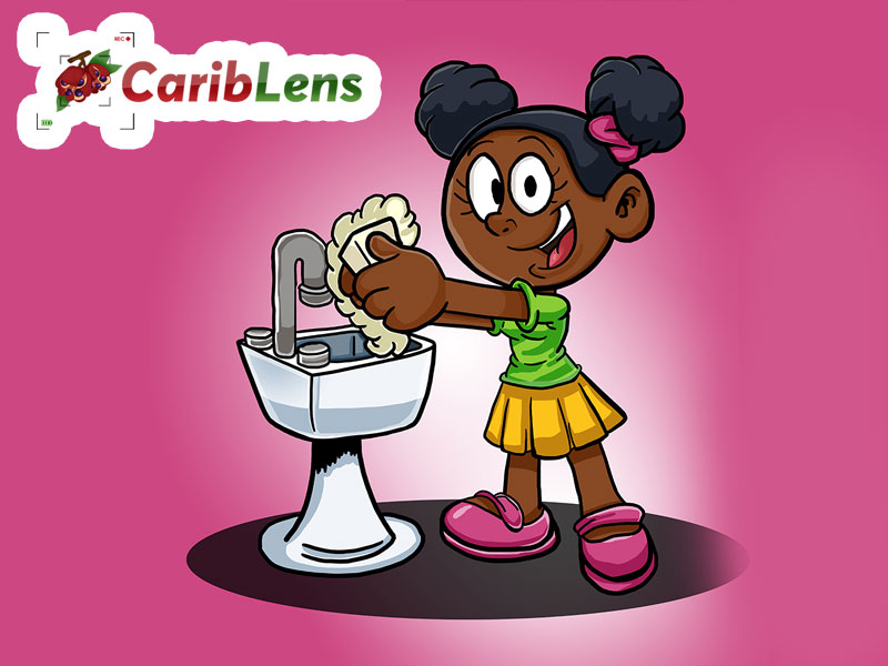 African American black little young girl washing hands at a pipe
