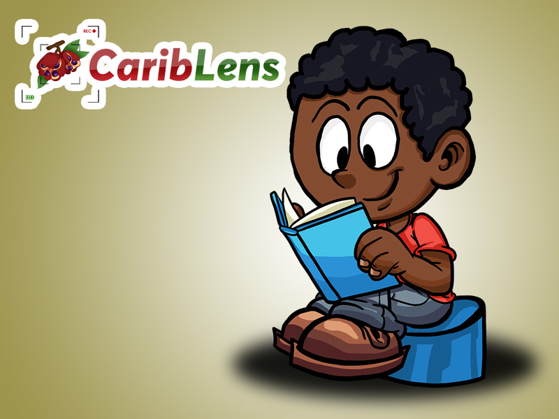 Cartoon Black Boy sitting and reading a book