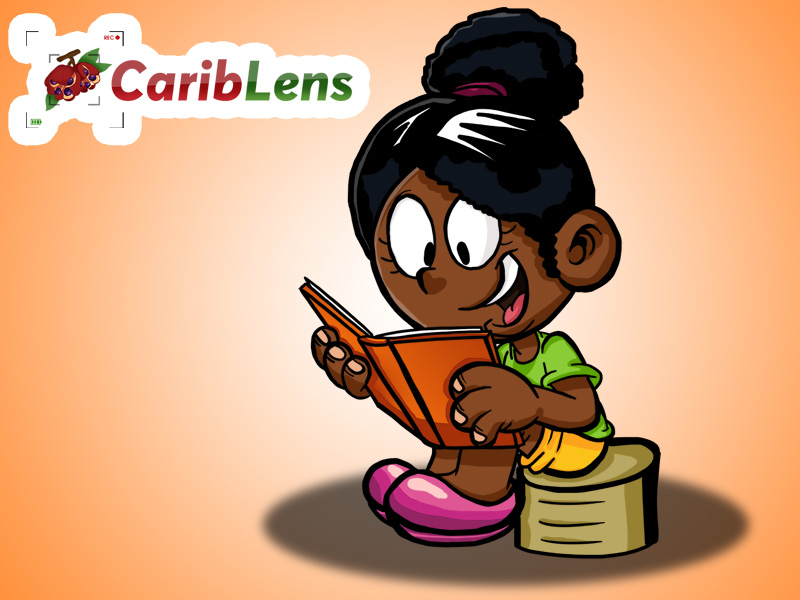 Little black African cartoon girl sitting and reading a book