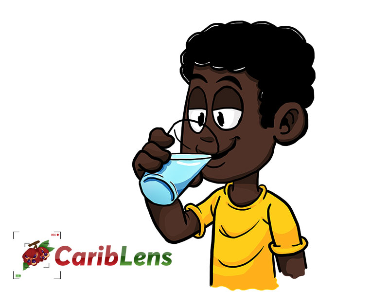 Cartoon Little black boy drinking water from a glass Cup