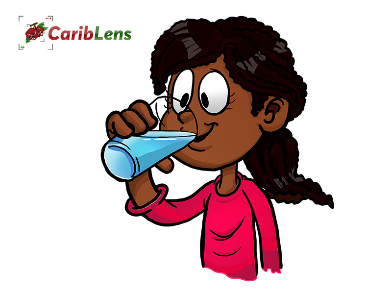 African Cartoon little black girl drinking water from glass cup