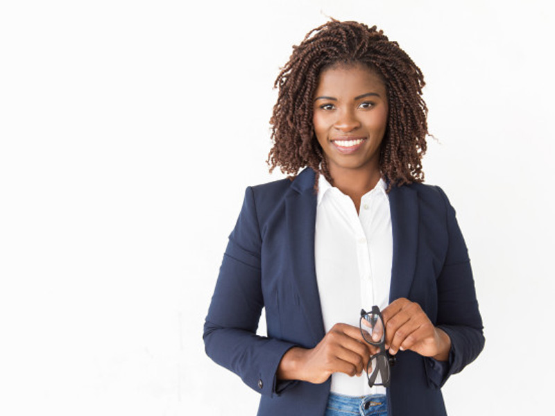 African black happy successful business woman manager holding glasses