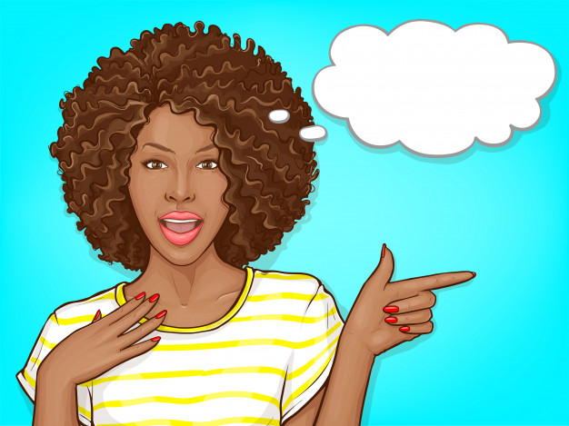 Surprised Cartoon illustration African american black woman with afro hair and open mouth with speech bubble – Free Vector