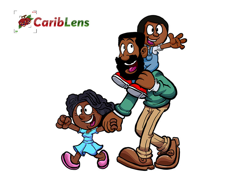 Cartoon African American black father – walking with kids or children son and daughter – fathers day free photo