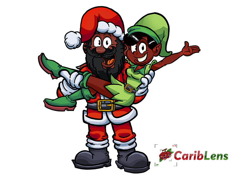 Cartoon African Black Santa Clause with female elf in his hands