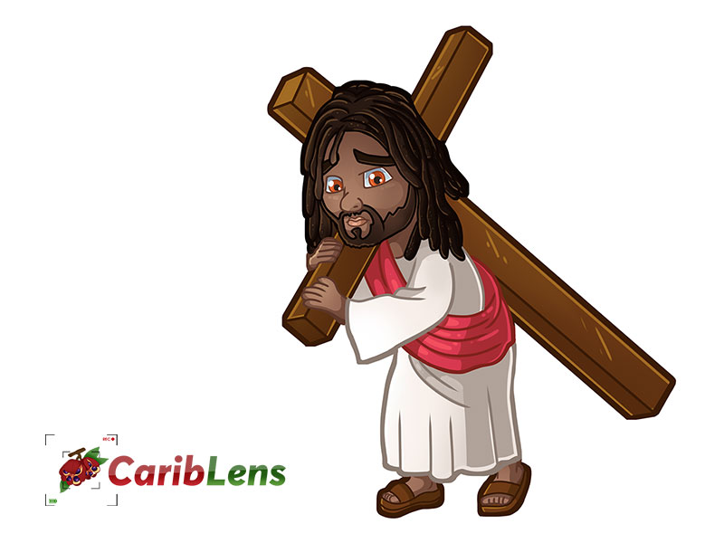 Cartoon black African Jesus carrying cross – free illustration