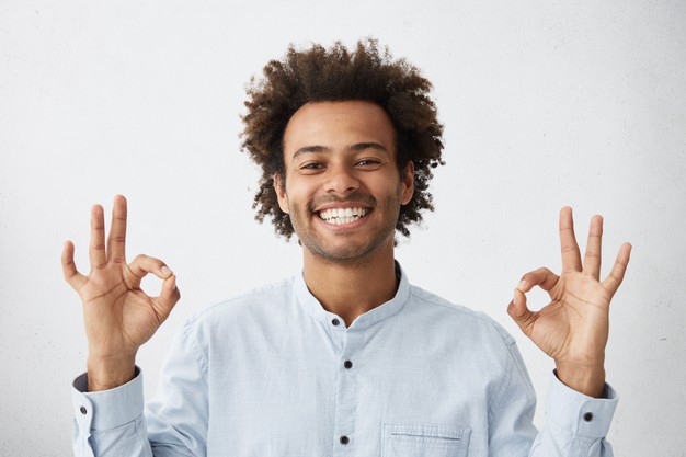 Carefree happy young african american man with funky hairstyle showing ok sign Free Photo