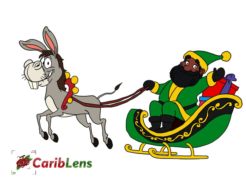 Cartoon African black Santa Claus riding a sleigh – Donkey