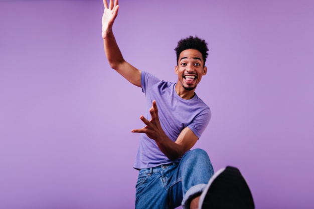 Curly Funny Male Model Jumping Laughing Joyful Young Man T Shirt Jeans Dancing 197531 20324