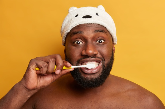 Dental Hygiene Stomatology Teeth Whitening Concept Dark Skinned Man Wakes Up Morning Brushes Teeth With Toothbrush 273609 34679