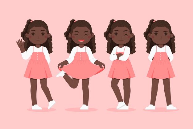 Cartoon African black little girl in different poses set Free Vector