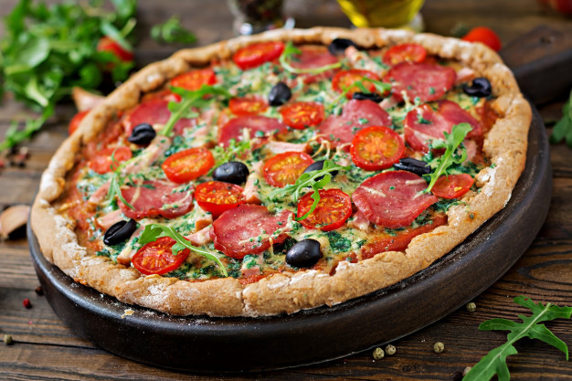 Pizza With Salami Tomatoes Olives Cheese Dough With Whole Wheat Flour Italian Food 2829 6855