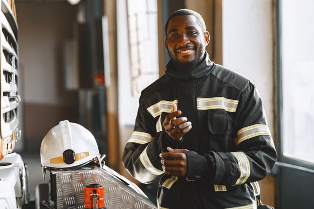 Portrait Firefighter Standing Front Fire Engine 1157 46925