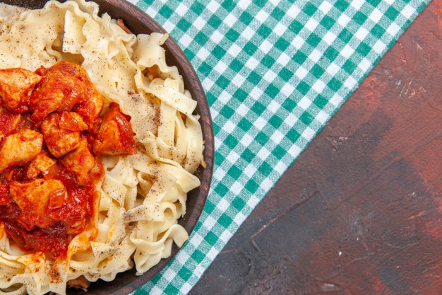 Top View Chicken With Dough Pasta Dish Dark Surface Color Meal Pasta Dish 140725 82184