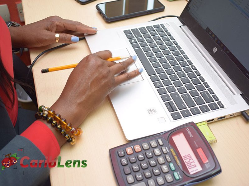 African woman black business woman hands using laptop to do accounting