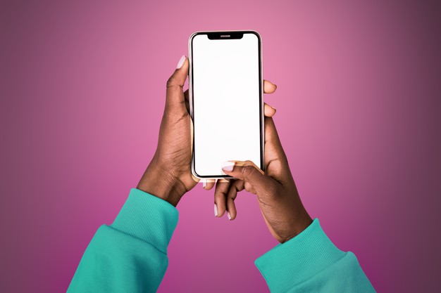 African black hands holding phone with empty screen