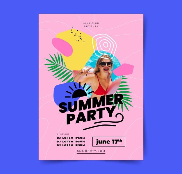 Flat Summer party vertical poster template with photo Free Vector