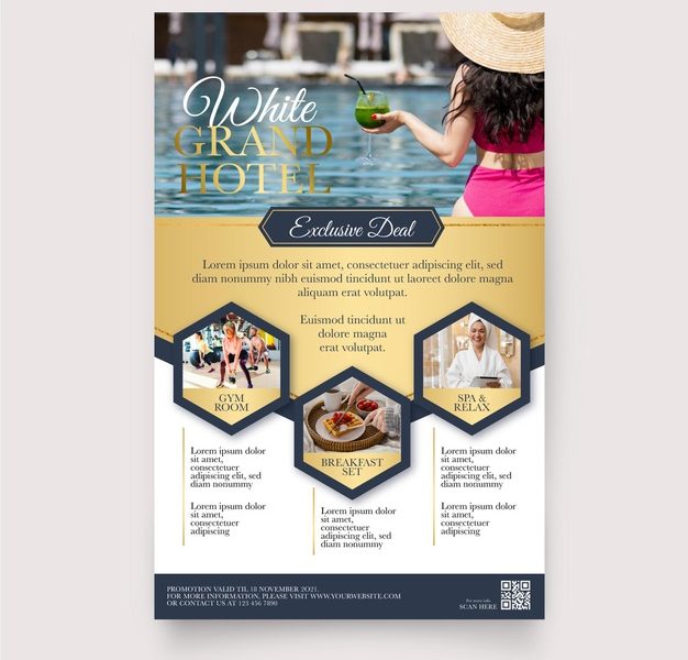 Professional hotel information flyer with photo Free Vector