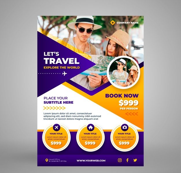 Vertical travel flyer template with photo Free Vector