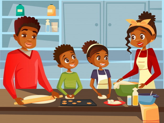 Cartoon African black family together preparing food meal at kitchen Free Vector