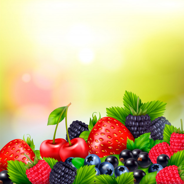 Berry Fruit Realistic Blurred Background With Pile Berries Ripe Leaves With Bright Lens Flares 1284 32290