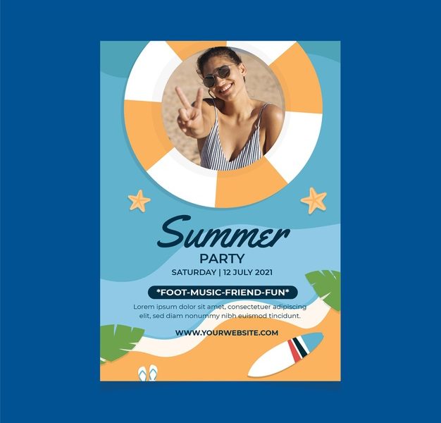 Flat summer party vertical poster template with photo Free Vector