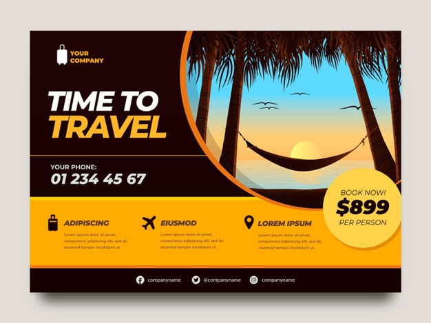 Flat travel flyer template with sunset Free Vector