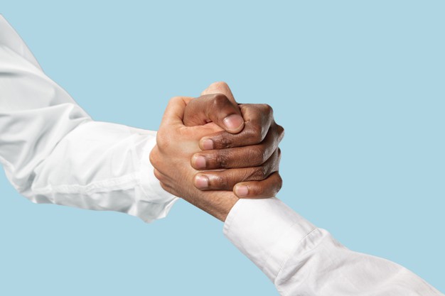 Friends Greetings Sign Disagreement Two Male Hands Competion Arm Wrestling Isolated Blue Studio Background Concept Standoff Support Friendship Business Community Strained Relations 155003 36361