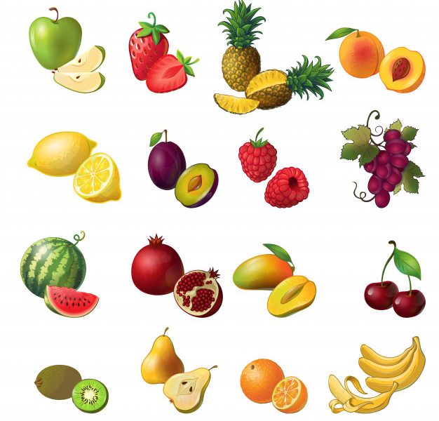 Fruits isolated colored set with fruit and berries of various colors and sizes Free Vector