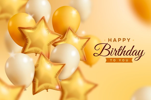 Golden and white realistic happy birthday balloons background Free Vector