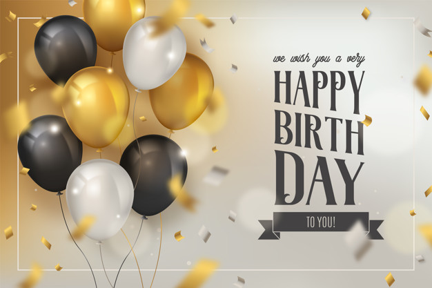 Happy birthday background with luxury balloons and confetti Free Vector