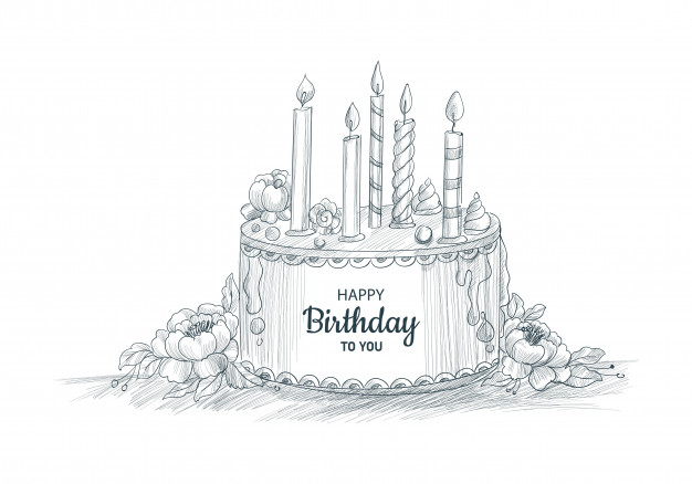 Happy birthday decorative cake with candles sketch design Free Vector