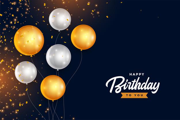 Happy birthday golden and silver balloons with confetti Free Vector