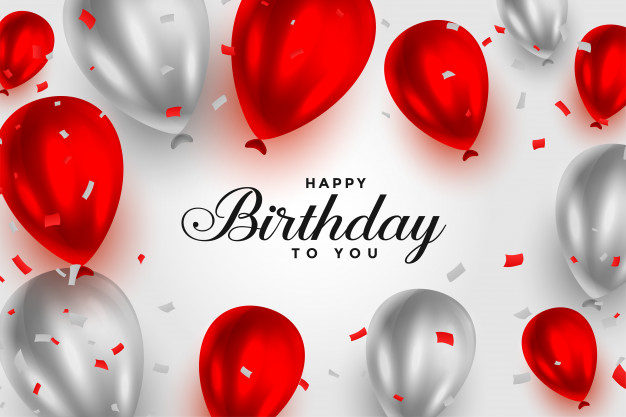 Happy birthday red and white shiny balloons background Free Vector