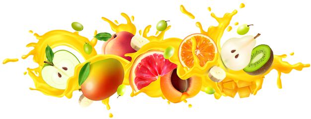 Juice spray and fruit illustration Free Vector