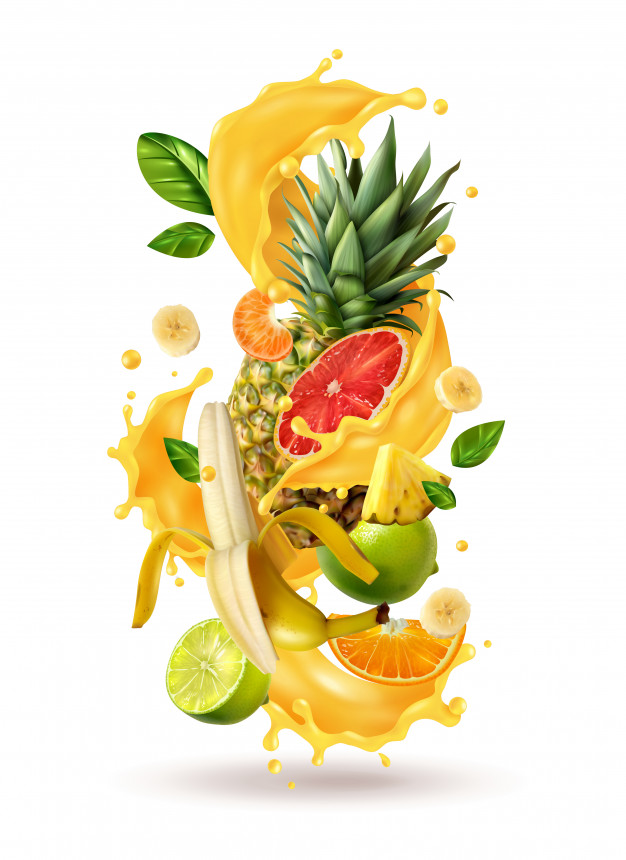 Realistic fruits juice splash burst composition with spray images and ripe tropical fruits on blank Free Vector