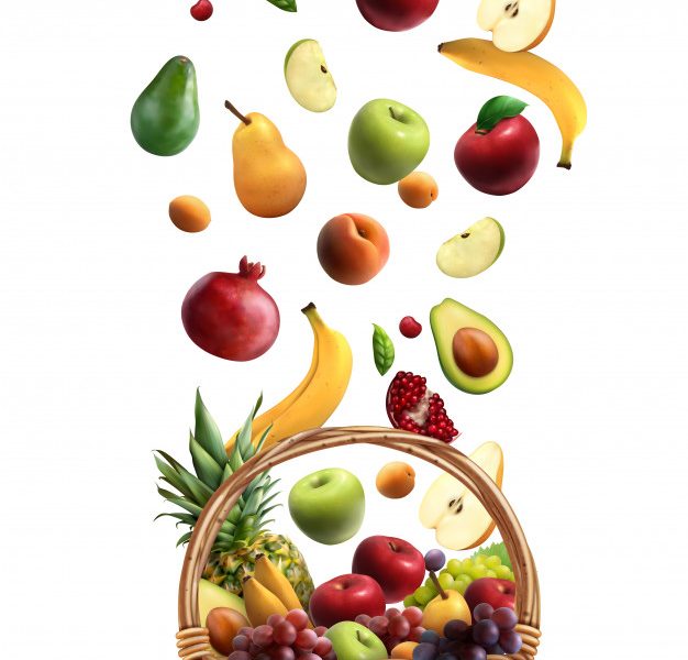 Ripe fruits falling in traditional wicker basket with handle realistic composition with pear banana apple Free Vector