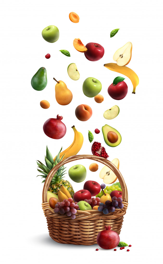 Ripe Fruits Falling Traditional Wicker Basket With Handle Realistic Composition With Pear Banana Apple 1284 31753