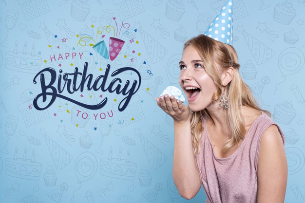 Woman eating cake at birthday party Free Psd