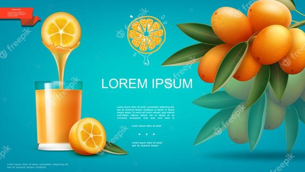 Realistic natural fruit juice template with glass full of healthy drink and branch of ripe kumquat fruits illustration Free Vector