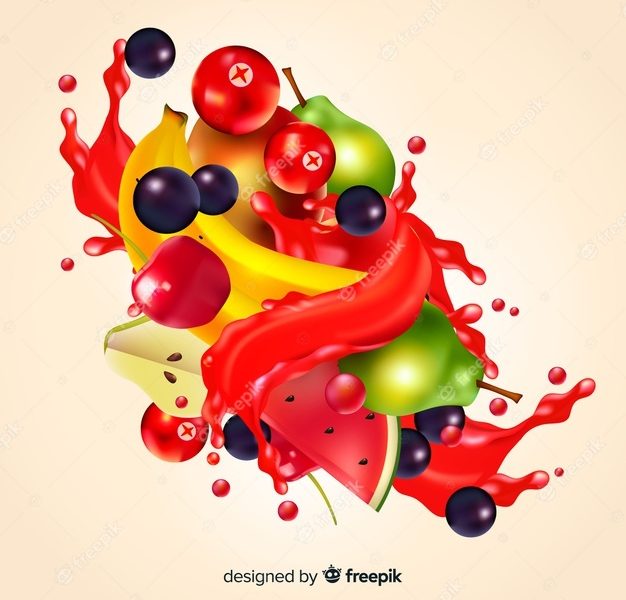 Realistic tropical fruits juice background Free Vector