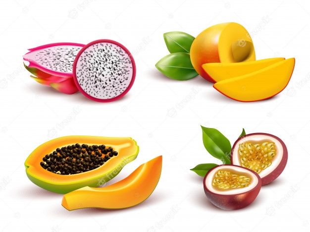 Tropical fruits realistic set, Papaya, Mango, Dragon Fruit, Promagnet Free Vector