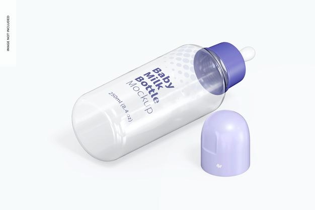 Baby milk bottle mockup, isometric left view Free Psd